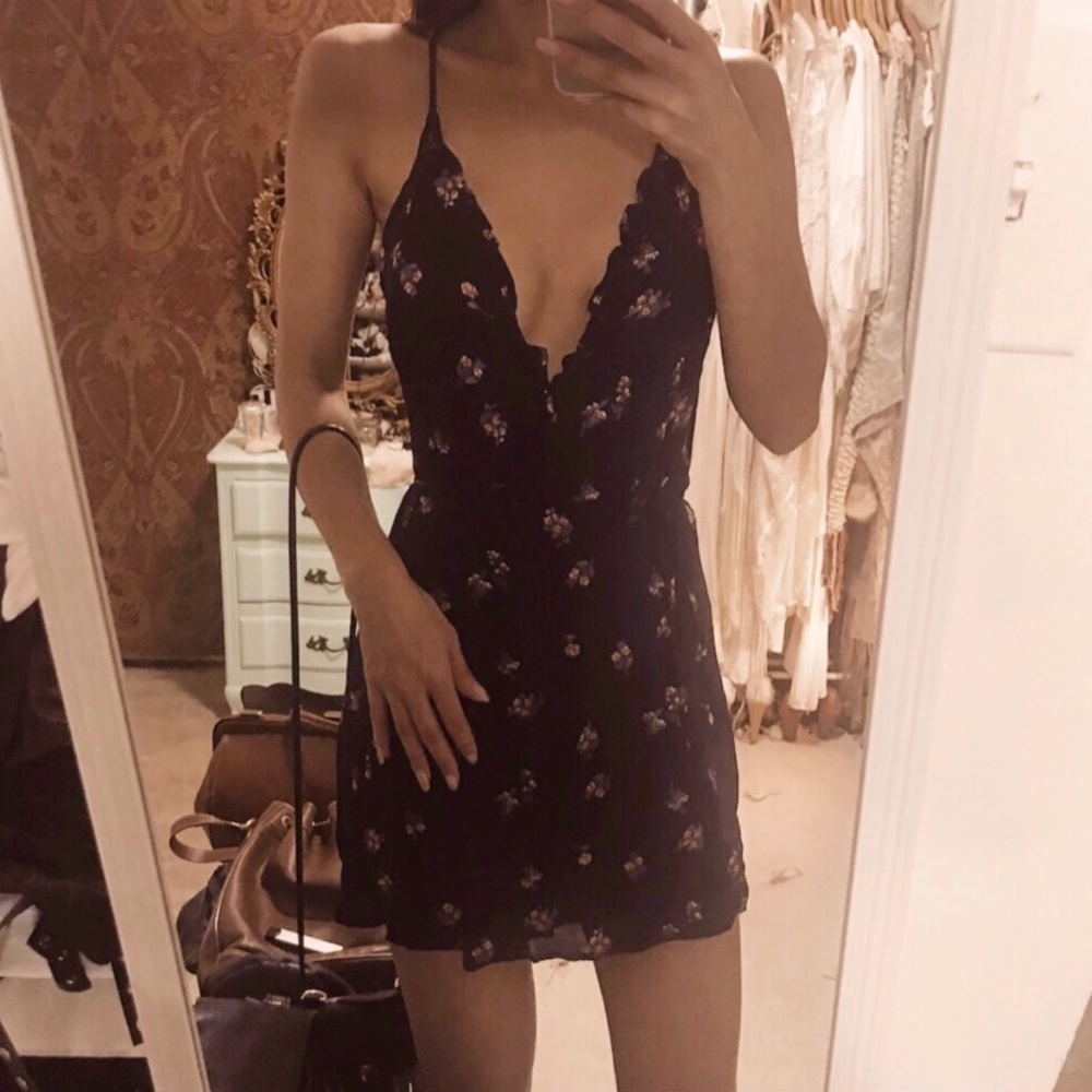 Reformation Costa Wrap Mini Dress Navy Color with Floral Print Size XS